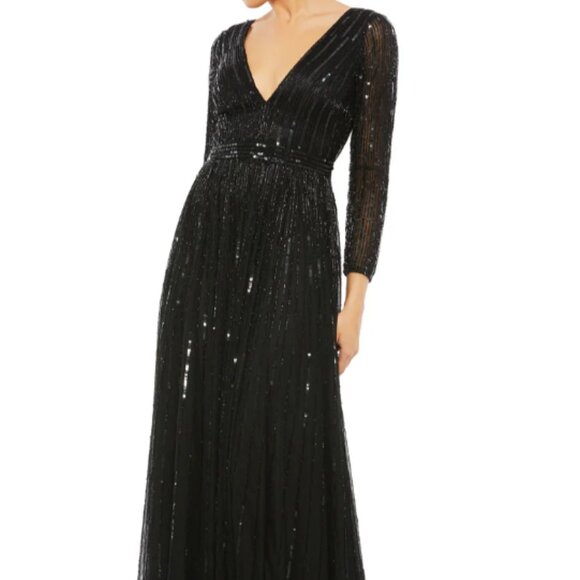 MAC DUGGAL 4977 SEQUINED V-NECK ILLUSIONS A-LINE BLACK GOWN sz 14 - Picture 4 of 6